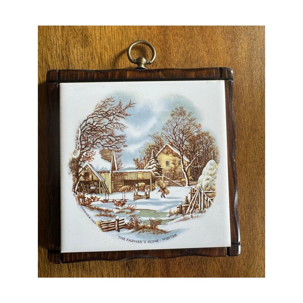 Vintage Currier & Ives Winter Tile Wall Plaque Wood Frame Farm Scene